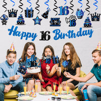 42pcs 16th Birthday Party Decoration, Happy 16th Glitter Blue and Black Banner for Teens Girls Boys, Hello 16 Deep Blue Hanging Swirls Cake Topper Centerpieces, Cheer to 16 Years Bday Decor