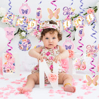 21PCS Butterfly Baby Shower Hanging Swirls Decorations for Girl, Floral Butterfly Baby Girls Gender Reveal Party Banner Set, It's a Girl Birthday Purple Pink Butterflies Hang Decor Supplies