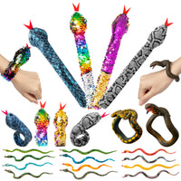 JAPBOR 18PCS Snake Snap Bracelet Slap Toy Reptile Sequin Slap Bracelets for Kids Boys Girls, Simulation Animals Wristband Headbands Rubber Snake Prank Toys for Birthday Halloween Party Favors Supplies