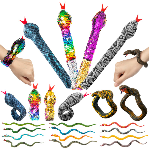 JAPBOR 18PCS Snake Snap Bracelet Slap Toy Reptile Sequin Slap Bracelets for Kids Boys Girls, Simulation Animals Wristband Headbands Rubber Snake Prank Toys for Birthday Halloween Party Favors Supplies