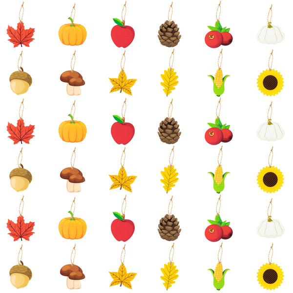 JAPBOR 37pcs Fall Wood Hanging Ornaments Decorations, Autumn Pumpkin Maple Leaves Wooden Cutouts Label Gift Tags, Halloween Eva Thanksgiving Fall Harvest Party Hanging Decor for Home Fireplace Tree