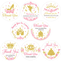 JAPBOR 240PCS Little Princess Thank You Stickers, Glitter Gold Crown Baby Shower Sticker Labels for Girls, Pink Floral Birthday Party Favors Envelope Seals & Goodie Bags Decorations (2 Inch)