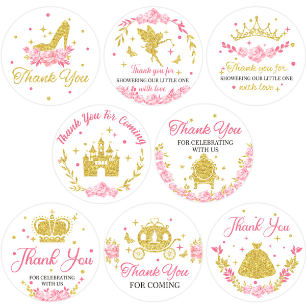 JAPBOR 240PCS Little Princess Thank You Stickers, Glitter Gold Crown Baby Shower Sticker Labels for Girls, Pink Floral Birthday Party Favors Envelope Seals & Goodie Bags Decorations (2 Inch)