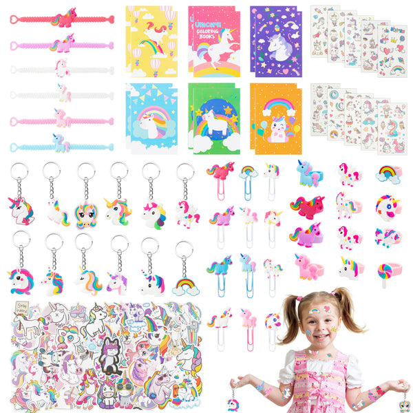 JAPBOR 120pcs Unicorn Theme Party Favor Set with Unicorn Coloring Book and Tattoo Temporary Sticker for Kids DIY Art Creativity Supplies, Colorful Unicorn Bracelet Ring Bookmark Birthday Gift for Girl