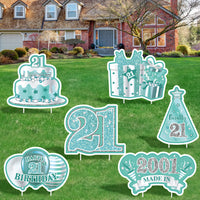 JAPBOR 6PCS Happy 21st Birthday Yard Sign, Teal Silver Sweet 21 Year Lawn Signs with Stakes, Cheers to 21 Years Old Outdoor Decorations, Breakfast Blue Women Men 2001 Bday Party Yard Decor Supplies