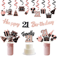 JAPBOR 42pcs 21st Happy Birthday Party Decorations, Rose Gold 21 Years Anniversary Birthday Banners Hanging Swirls Cake Topper Centerpieces Balloon Sign Photo Booth Props Party Supplies for Girls Boys