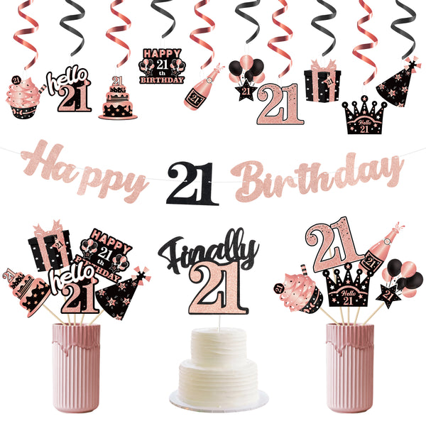 JAPBOR 42pcs 21st Happy Birthday Party Decorations, Rose Gold 21 Years Anniversary Birthday Banners Hanging Swirls Cake Topper Centerpieces Balloon Sign Photo Booth Props Party Supplies for Girls Boys