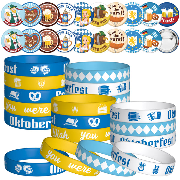 JAPBOR 40pcs Oktoberfest Buttons Pins and Silicone Bracelets, Beer Festival 20 Round Badges Brooch and 20 Rubber Wristbands for Oktoberfest Festivities Party Favors Bavarian Style Decorations Supplies