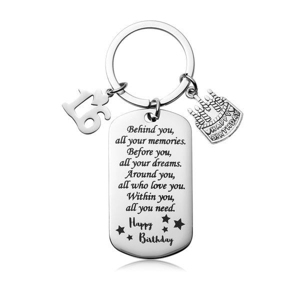 JAPBOR 16th Happy Birthday Keychain Ring for High School Teenager, Behind You All Memories Double-Sided Engraving Stainless Steel Key Ring for Classmate, Good Wishes Inspirational Gift for Boys Girls