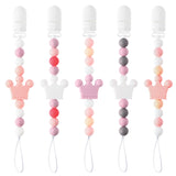 JAPBOR 5pcs Crown Pacifier Clip Silicone Teether Toy, Infant Soothie Teething Pacifier Holder Silicone Teether Pain Relief Chewable Bead Teethers Toys with Clips for Babies Baby Shower Birthday Gift