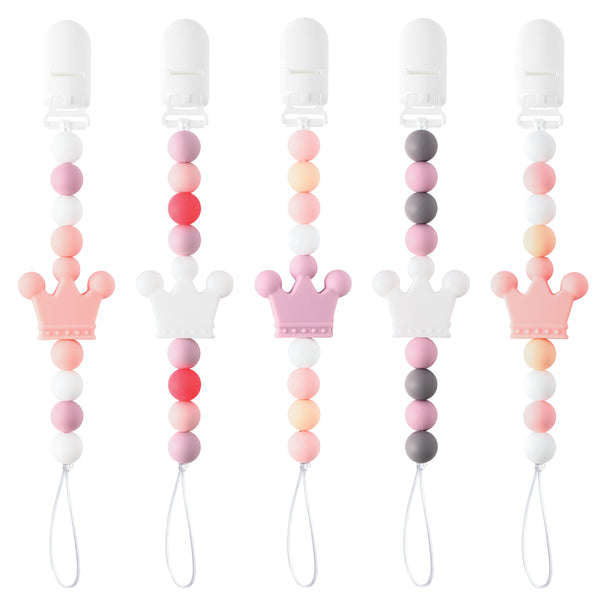 JAPBOR 5pcs Crown Pacifier Clip Silicone Teether Toy, Infant Soothie Teething Pacifier Holder Silicone Teether Pain Relief Chewable Bead Teethers Toys with Clips for Babies Baby Shower Birthday Gift