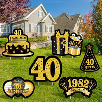 JAPBOR 6PCS Happy 40th Birthday Yard Sign, Black Gold Shiny 40th Lawn Signs with Stakes, Cheers to 40 Years Old Bday Outdoor Lawn Decorations, Women Men 1982 Party Yard Anniversary Decor Supplies