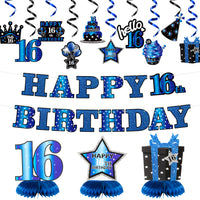 JAPBOR 16th Blue Black Birthday Banner Party Decorations, 16 Years Old Happy Birthday Hanging Swirls Honeycomb Centerpieces for Boys Girls, Cheer to 16 Years Bday Party Decor Supplies