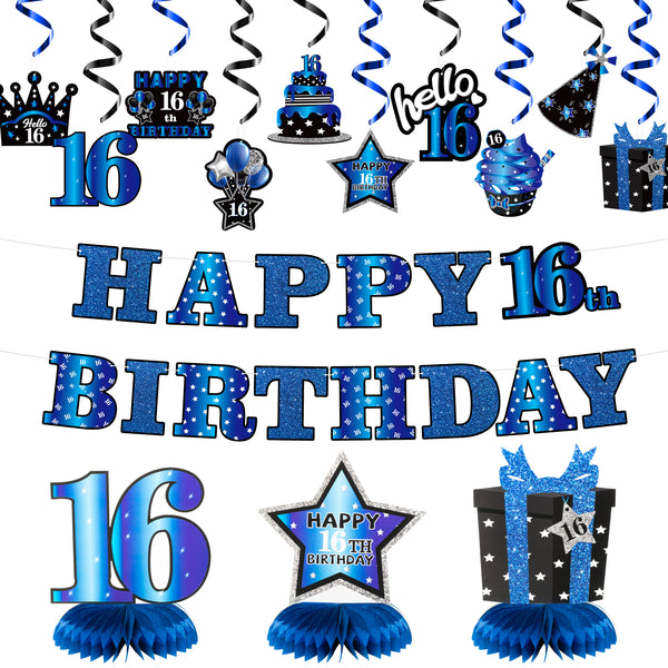 JAPBOR 16th Blue Black Birthday Banner Party Decorations, 16 Years Old Happy Birthday Hanging Swirls Honeycomb Centerpieces for Boys Girls, Cheer to 16 Years Bday Party Decor Supplies