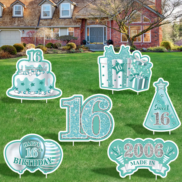 JAPBOR 6PCS Happy 16th Birthday Yard Sign, Teal Silver Sweet 16 Year Lawn Signs with Stakes, Cheers to 16 Years Old Outdoor Lawn Decorations, Breakfast Blue Teens 2006 Bday Party Yard Decor Supplies