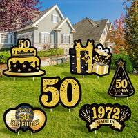 JAPBOR 6PCS Happy 50th Birthday Yard Sign, Black Gold Shiny 50th Lawn Signs with Stakes, Cheers to 50 Years Old Bday Outdoor Lawn Decorations, Women Men 1972 Party Yard Anniversary Decor Supplies