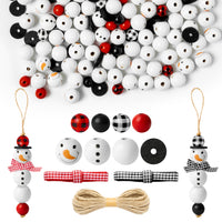 JAPBOR 200PCS Christmas DIY Wooden Beads, Snowman Red and Black Buffalo Plaid Christmas Print Wood Spacer Round Beads Hanging Ornaments for Crafts with Rope, Kids Xmas Party Tree Home Decoration