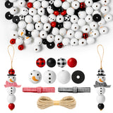 JAPBOR 200PCS Christmas DIY Wooden Beads, Snowman Red and Black Buffalo Plaid Christmas Print Wood Spacer Round Beads Hanging Ornaments for Crafts with Rope, Kids Xmas Party Tree Home Decoration