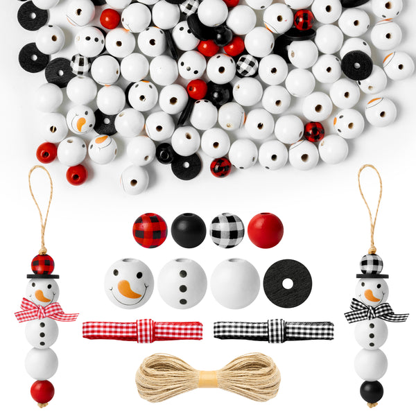 JAPBOR 200PCS Christmas DIY Wooden Beads, Snowman Red and Black Buffalo Plaid Christmas Print Wood Spacer Round Beads Hanging Ornaments for Crafts with Rope, Kids Xmas Party Tree Home Decoration