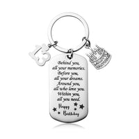 JAPBOR 13th Happy Birthday Keychain Good Wishes Inspirational Gift for Teen Boys Girls, Behind You All Memories Before You All Your Dream Double-Sided Engraving Stainless Steel Key Ring for Classmate