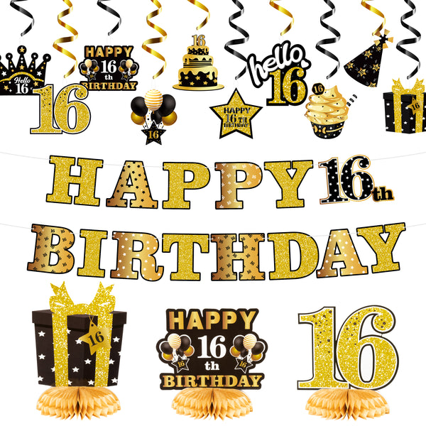 JAPBOR 16th Glitter Gold Black Birthday Banner Party Decorations, 16 Years Old Happy Birthday Hanging Swirls Honeycomb Centerpieces for Boys Girls, Cheer to 16 Years Bday Party Decor Supplies