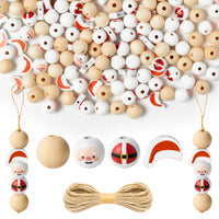 JAPBOR 200PCS Christmas DIY Wooden Beads, Santa Hat Shape Christmas Print Wood Spacer Round Beads Hanging Ornaments for Crafts with Rope, Kids Xmas Party Tree Home Decoration