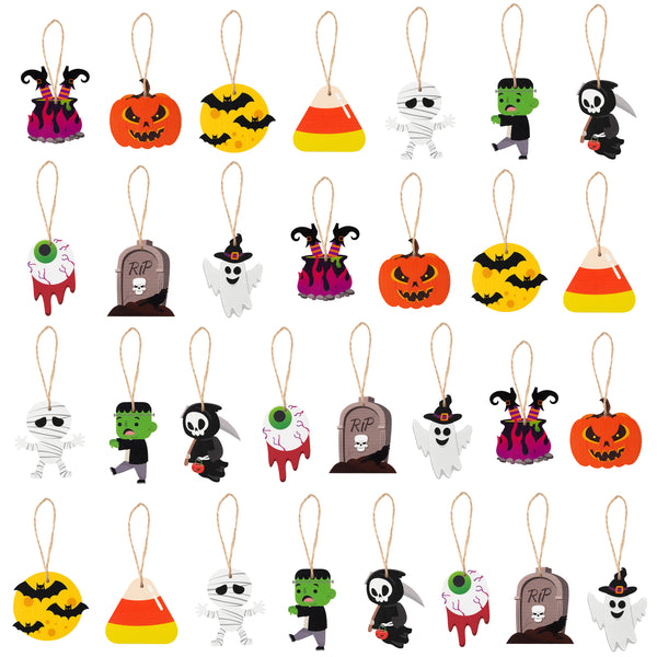 JAPBOR 31pcs Halloween Crafts Hanging Wooden Ornament, Cute Decorative Pumpkin Bat Tombstones Wood Pendant Hanging Tag, Halloween Eva Party Supplies Home Fireplace Decoration Set, Gift for Children