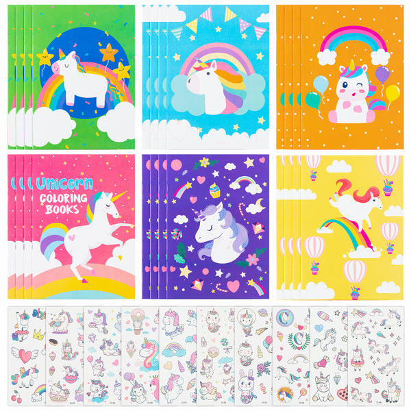 JAPBOR 24pcs Unicorn Coloring Books and 10pcs Unicorn Tattoo Stickers, School-age Children Enlightenment Homeschooling Class Activity Party Supplies, Educational Doodle Book Gift DIY Art Book for Kids