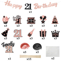 JAPBOR 42pcs 21st Happy Birthday Party Decorations, Rose Gold 21 Years Anniversary Birthday Banners Hanging Swirls Cake Topper Centerpieces Balloon Sign Photo Booth Props Party Supplies for Girls Boys