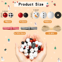 JAPBOR 200PCS Christmas DIY Wooden Beads, Snowman Red and Black Buffalo Plaid Christmas Print Wood Spacer Round Beads Hanging Ornaments for Crafts with Rope, Kids Xmas Party Tree Home Decoration