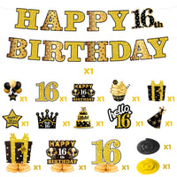 JAPBOR 16th Glitter Gold Black Birthday Banner Party Decorations, 16 Years Old Happy Birthday Hanging Swirls Honeycomb Centerpieces for Boys Girls, Cheer to 16 Years Bday Party Decor Supplies