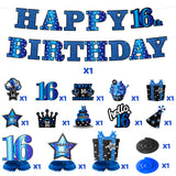 JAPBOR 16th Blue Black Birthday Banner Party Decorations, 16 Years Old Happy Birthday Hanging Swirls Honeycomb Centerpieces for Boys Girls, Cheer to 16 Years Bday Party Decor Supplies