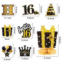 JAPBOR 16th Glitter Gold Black Birthday Banner Party Decorations, 16 Years Old Happy Birthday Hanging Swirls Honeycomb Centerpieces for Boys Girls, Cheer to 16 Years Bday Party Decor Supplies