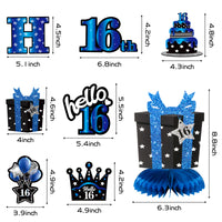 JAPBOR 16th Blue Black Birthday Banner Party Decorations, 16 Years Old Happy Birthday Hanging Swirls Honeycomb Centerpieces for Boys Girls, Cheer to 16 Years Bday Party Decor Supplies