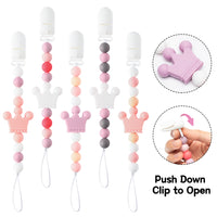 JAPBOR 5pcs Crown Pacifier Clip Silicone Teether Toy, Infant Soothie Teething Pacifier Holder Silicone Teether Pain Relief Chewable Bead Teethers Toys with Clips for Babies Baby Shower Birthday Gift