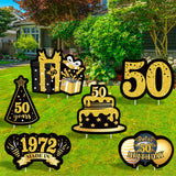 JAPBOR 6PCS Happy 50th Birthday Yard Sign, Black Gold Shiny 50th Lawn Signs with Stakes, Cheers to 50 Years Old Bday Outdoor Lawn Decorations, Women Men 1972 Party Yard Anniversary Decor Supplies