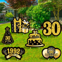 JAPBOR 6PCS Happy 30th Birthday Yard Sign, Black Gold Shiny 30th Lawn Signs with Stakes, Cheers to 30 Years Old Bday Outdoor Lawn Decorations, Women Men 1992 Party Yard Anniversary Decor Supplies