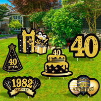 JAPBOR 6PCS Happy 40th Birthday Yard Sign, Black Gold Shiny 40th Lawn Signs with Stakes, Cheers to 40 Years Old Bday Outdoor Lawn Decorations, Women Men 1982 Party Yard Anniversary Decor Supplies