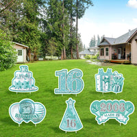 JAPBOR 6PCS Happy 16th Birthday Yard Sign, Teal Silver Sweet 16 Year Lawn Signs with Stakes, Cheers to 16 Years Old Outdoor Lawn Decorations, Breakfast Blue Teens 2006 Bday Party Yard Decor Supplies