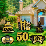 JAPBOR 6PCS Happy 50th Birthday Yard Sign, Black Gold Shiny 50th Lawn Signs with Stakes, Cheers to 50 Years Old Bday Outdoor Lawn Decorations, Women Men 1972 Party Yard Anniversary Decor Supplies