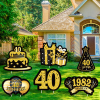 JAPBOR 6PCS Happy 40th Birthday Yard Sign, Black Gold Shiny 40th Lawn Signs with Stakes, Cheers to 40 Years Old Bday Outdoor Lawn Decorations, Women Men 1982 Party Yard Anniversary Decor Supplies