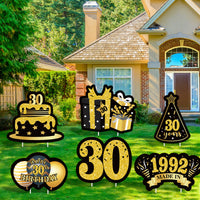 JAPBOR 6PCS Happy 30th Birthday Yard Sign, Black Gold Shiny 30th Lawn Signs with Stakes, Cheers to 30 Years Old Bday Outdoor Lawn Decorations, Women Men 1992 Party Yard Anniversary Decor Supplies