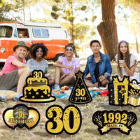 JAPBOR 6PCS Happy 30th Birthday Yard Sign, Black Gold Shiny 30th Lawn Signs with Stakes, Cheers to 30 Years Old Bday Outdoor Lawn Decorations, Women Men 1992 Party Yard Anniversary Decor Supplies