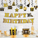 JAPBOR 16th Glitter Gold Black Birthday Banner Party Decorations, 16 Years Old Happy Birthday Hanging Swirls Honeycomb Centerpieces for Boys Girls, Cheer to 16 Years Bday Party Decor Supplies