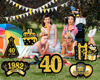 JAPBOR 6PCS Happy 40th Birthday Yard Sign, Black Gold Shiny 40th Lawn Signs with Stakes, Cheers to 40 Years Old Bday Outdoor Lawn Decorations, Women Men 1982 Party Yard Anniversary Decor Supplies