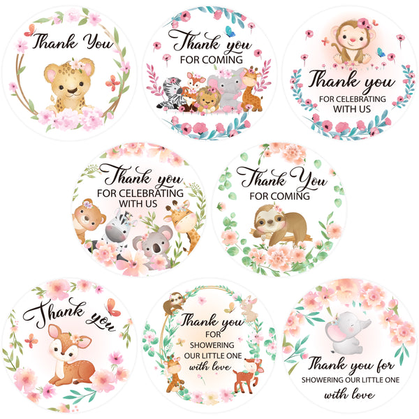 JAPBOR 240PCS Floral Safari Baby Shower Thank You Stickers, Jungle Woodland Wild Animals Thank You for Coming Sticker Labels, Birthday Party Favor Envelope Seals & Goodie Bag Label Decorations (2 Inch)