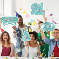 JAPBOR 6PCS Happy 21st Birthday Yard Sign, Teal Silver Sweet 21 Year Lawn Signs with Stakes, Cheers to 21 Years Old Outdoor Decorations, Breakfast Blue Women Men 2001 Bday Party Yard Decor Supplies