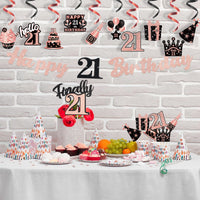 JAPBOR 42pcs 21st Happy Birthday Party Decorations, Rose Gold 21 Years Anniversary Birthday Banners Hanging Swirls Cake Topper Centerpieces Balloon Sign Photo Booth Props Party Supplies for Girls Boys