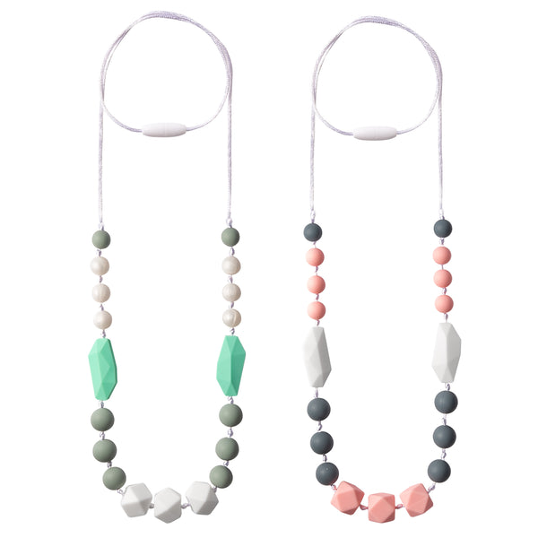 2pcs Baby Teething Necklace for Mom, Silicone Teething Necklace for Baby, Sensory Nursing Teether Necklace Chewable Jewelry Beads, Teething Beads Sensory Chew Necklaces (Pink, Green White)